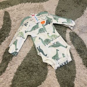 3 Pack Carter's Green Dinosaur Print Long Sleeve Baby Onesie Bodysuits - 6m
